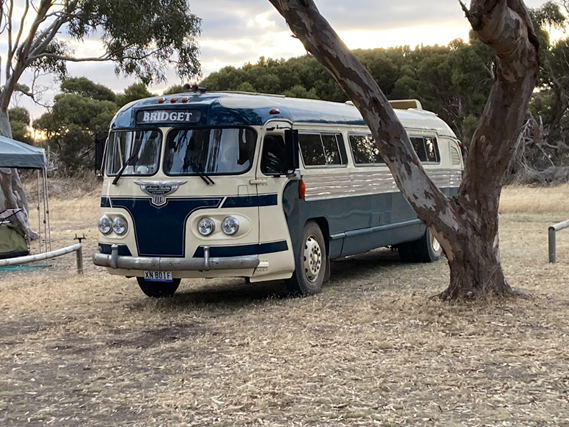 Bus parked on campsite at KI Discovery Lagoon Campground